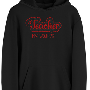 Adult Hoodie (w/ drawstrings) - Teacher in Red - Black_Glitter Appliqué