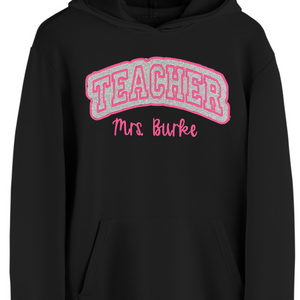 Adult Hoodie (w/ drawstrings) - Teacher in hot pink - Silver_Glitter